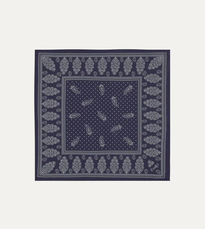 Drake's Navy Paisley Spot Print Silk Pocket Square