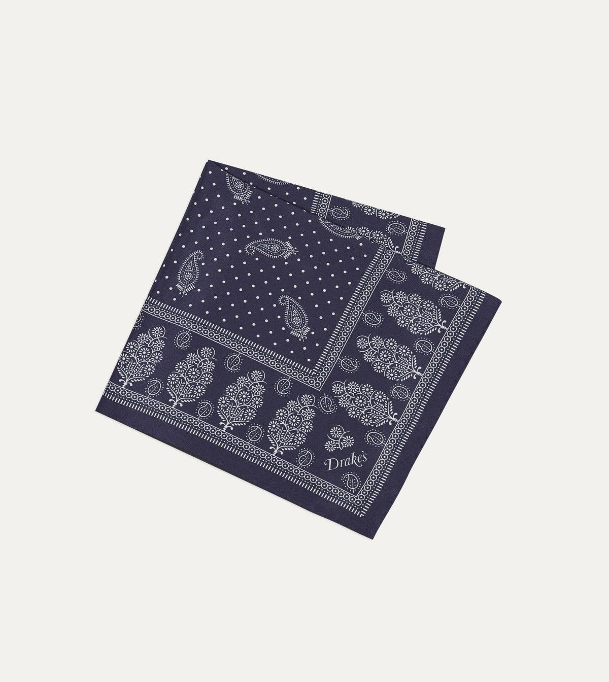 Drake's Navy Paisley Spot Print Silk Pocket Square
