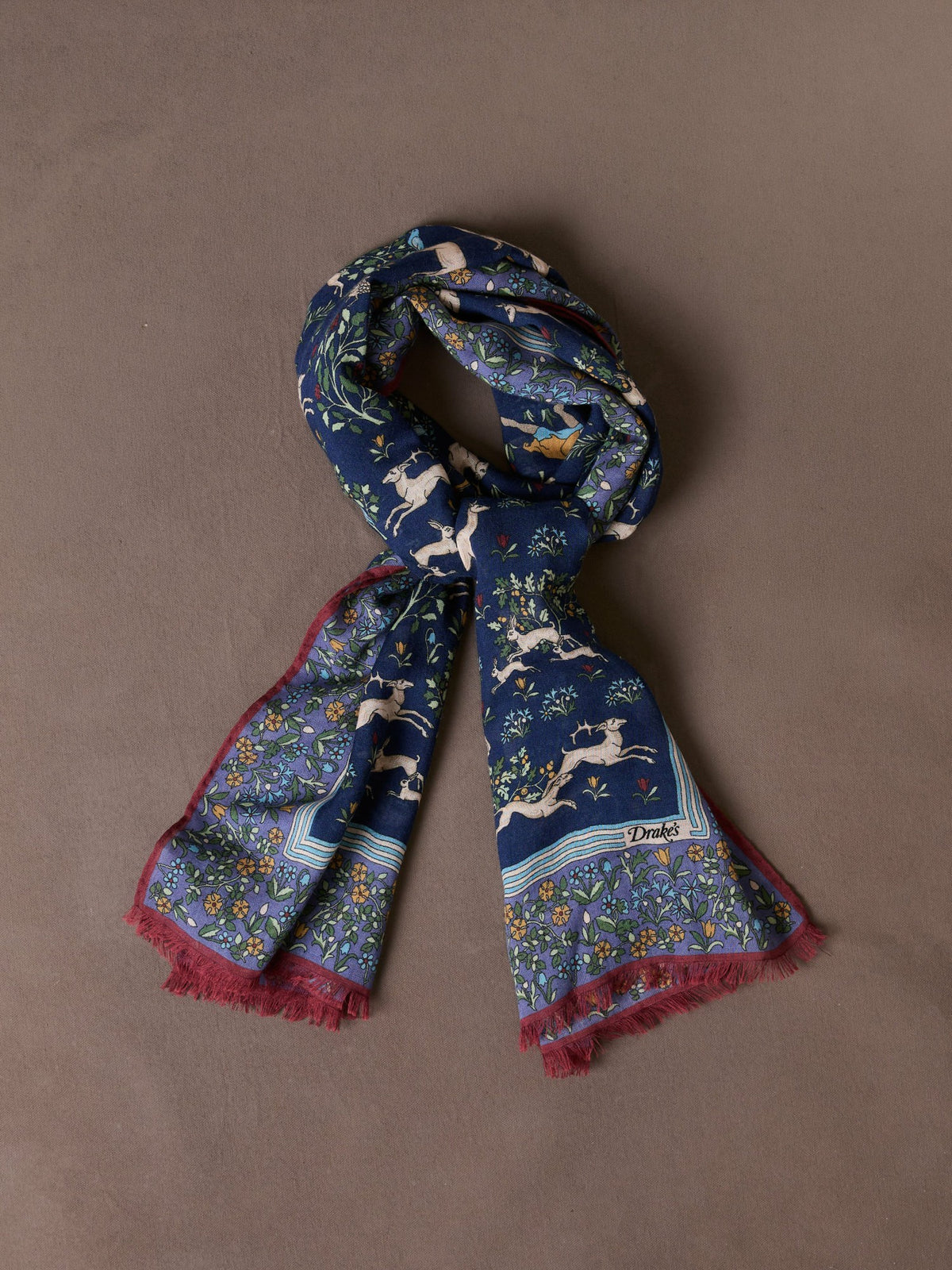 Drake's Navy Archival Animals Print Wool-Silk Scarf