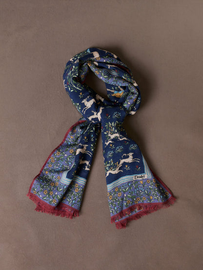 Drake's Navy Archival Animals Print Wool-Silk Scarf