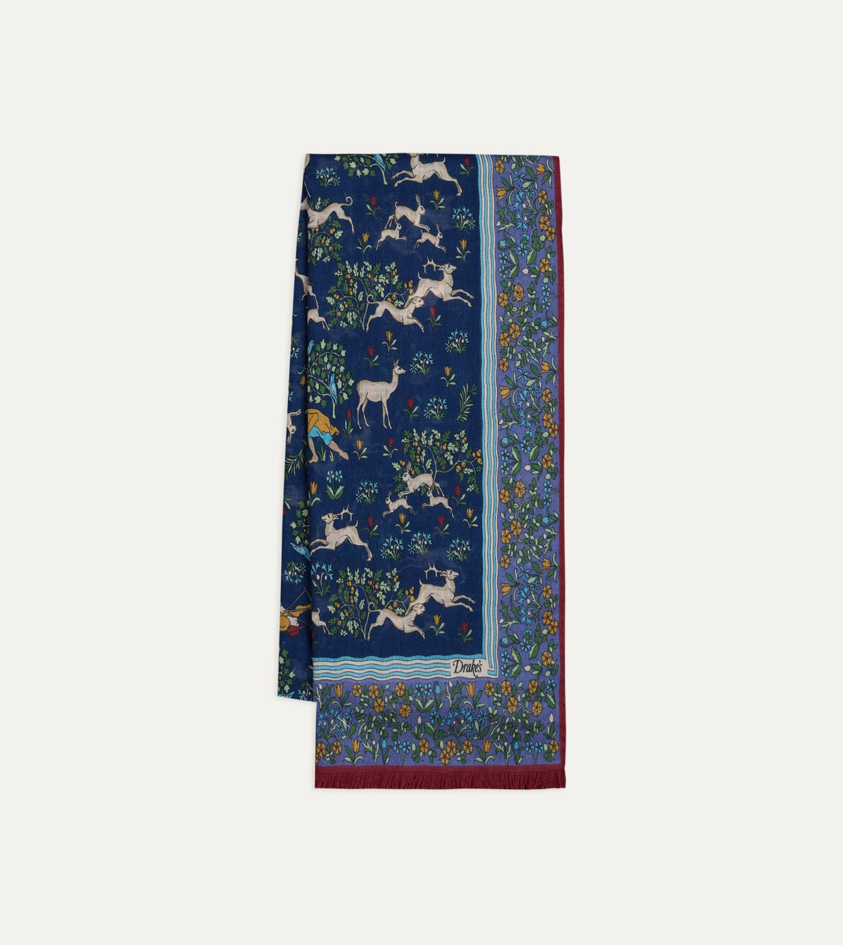 Drake's Navy Archival Animals Print Wool-Silk Scarf