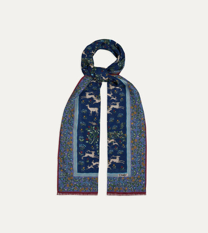 Drake's Navy Archival Animals Print Wool-Silk Scarf
