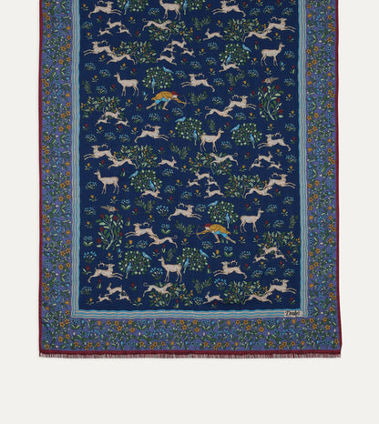 Drake's Navy Archival Animals Print Wool-Silk Scarf