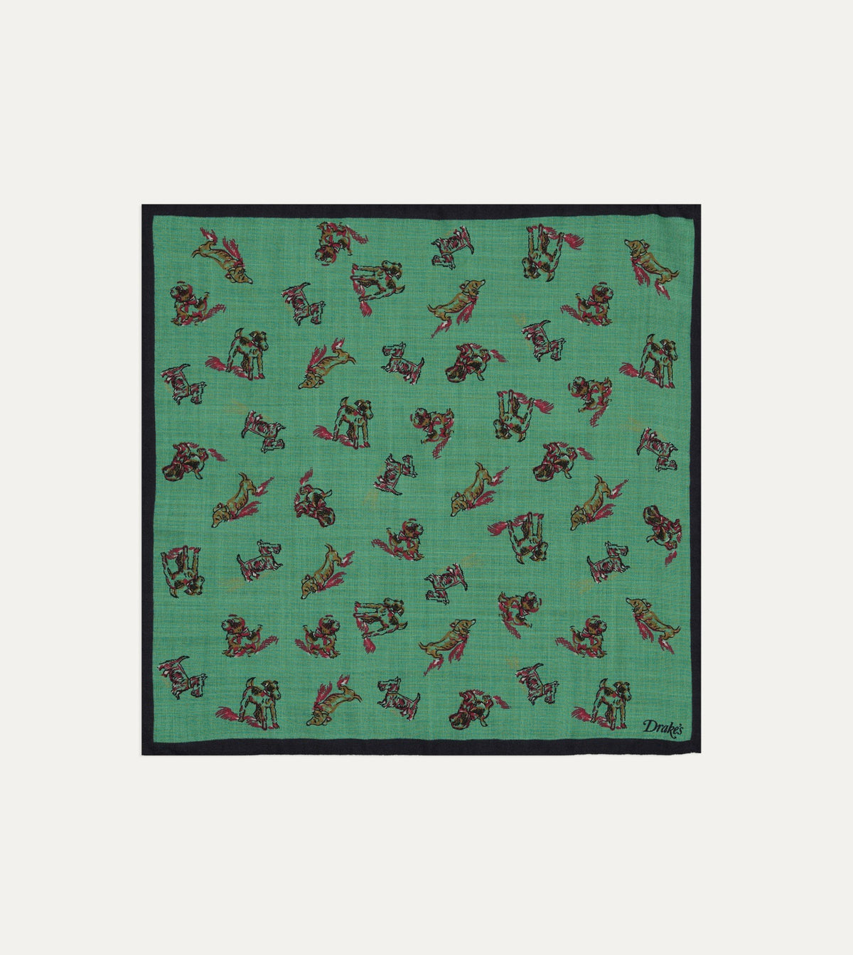 Drake's Green Dogs Print Wool-Silk Pocket Square