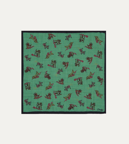 Drake's Green Dogs Print Wool-Silk Pocket Square