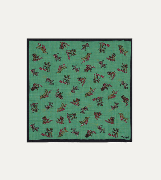 Drake's Green Dogs Print Wool-Silk Pocket Square