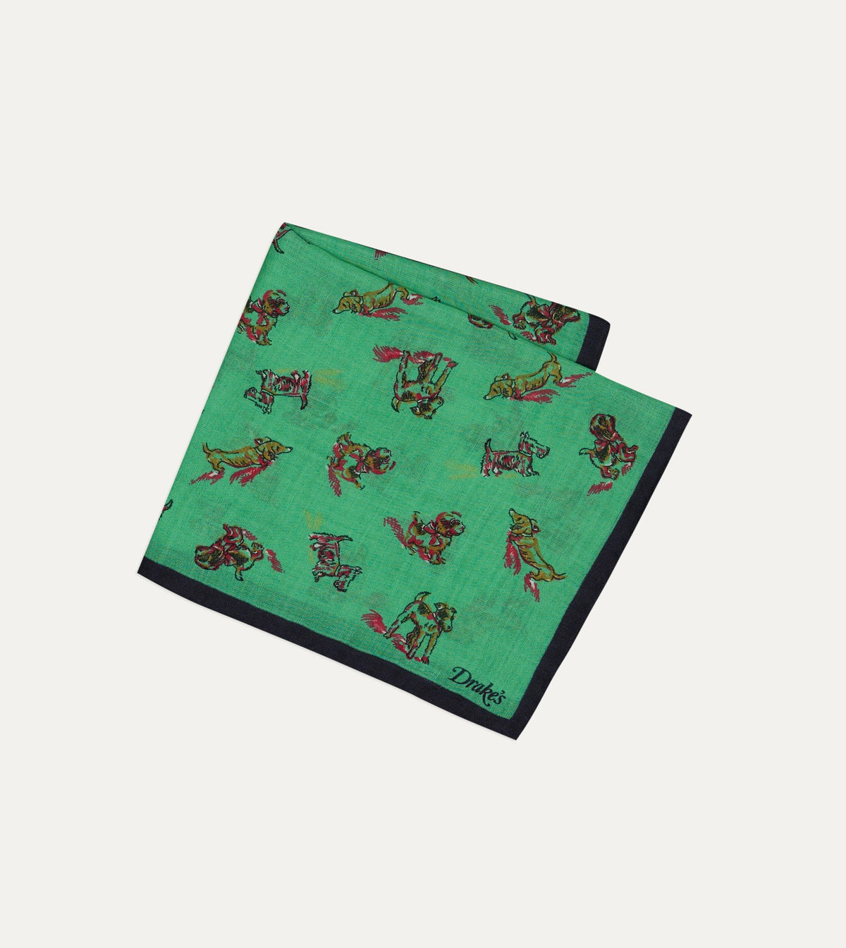 Drake's Green Dogs Print Wool-Silk Pocket Square