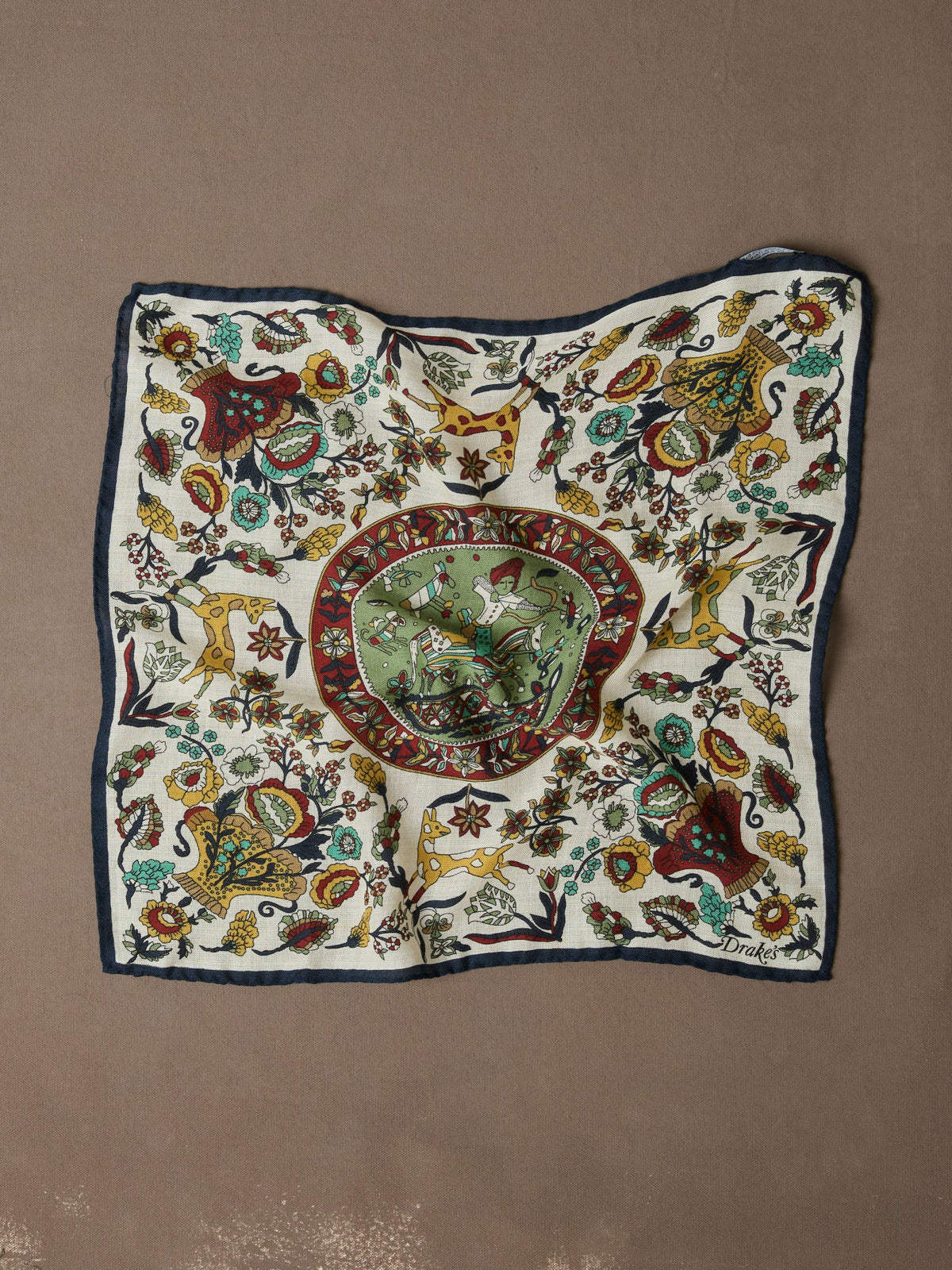 Drake's Ecru Folk Rider Print Wool-Silk Pocket Square
