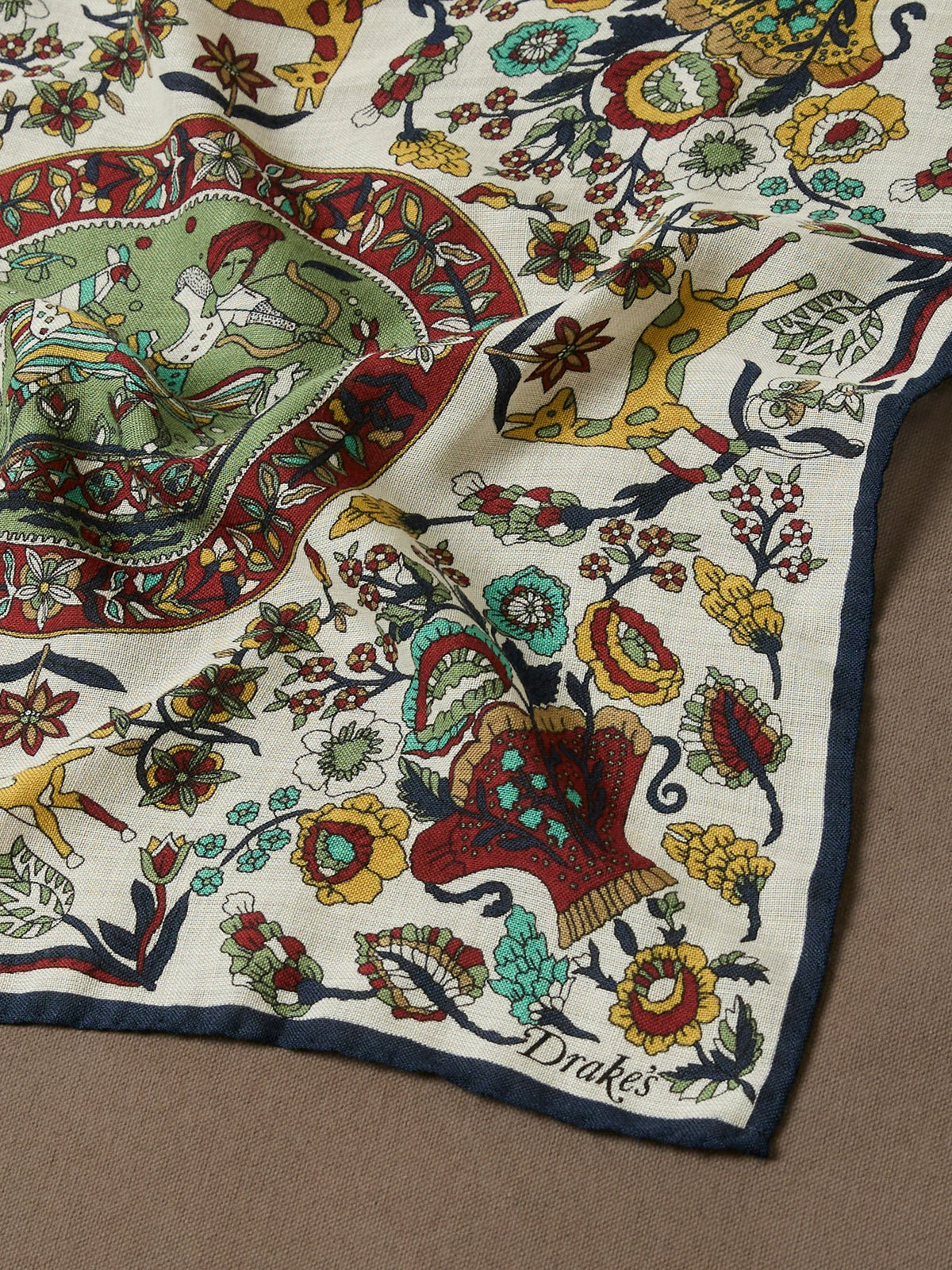 Drake's Ecru Folk Rider Print Wool-Silk Pocket Square
