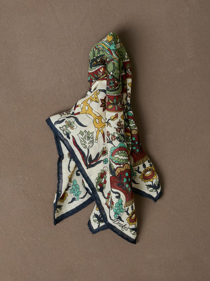 Drake's Ecru Folk Rider Print Wool-Silk Pocket Square