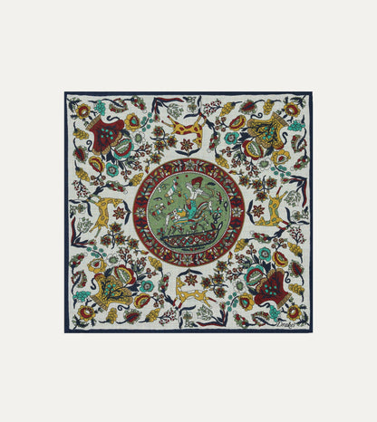 Drake's Ecru Folk Rider Print Wool-Silk Pocket Square