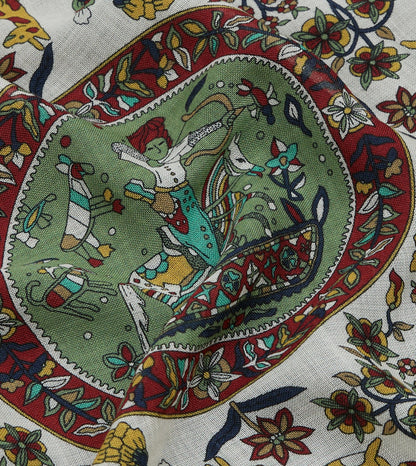 Drake's Ecru Folk Rider Print Wool-Silk Pocket Square