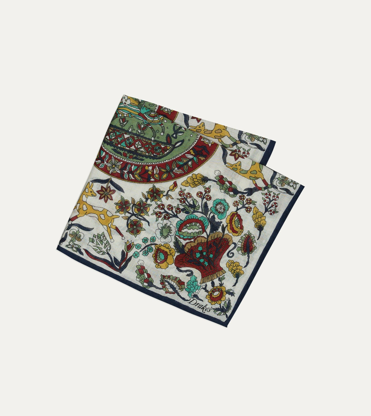 Drake's Ecru Folk Rider Print Wool-Silk Pocket Square