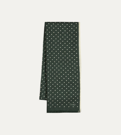 Drake's Green Polka Dot Print Shoestring Wool-Silk Scarf