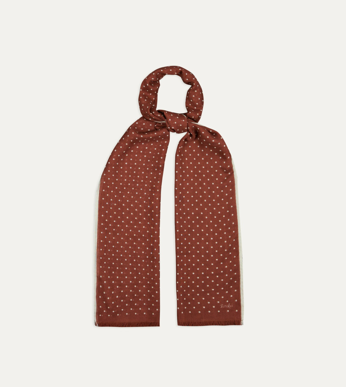 Drake's Burgundy Polka Dot Print Shoestring Wool-Silk Scarf