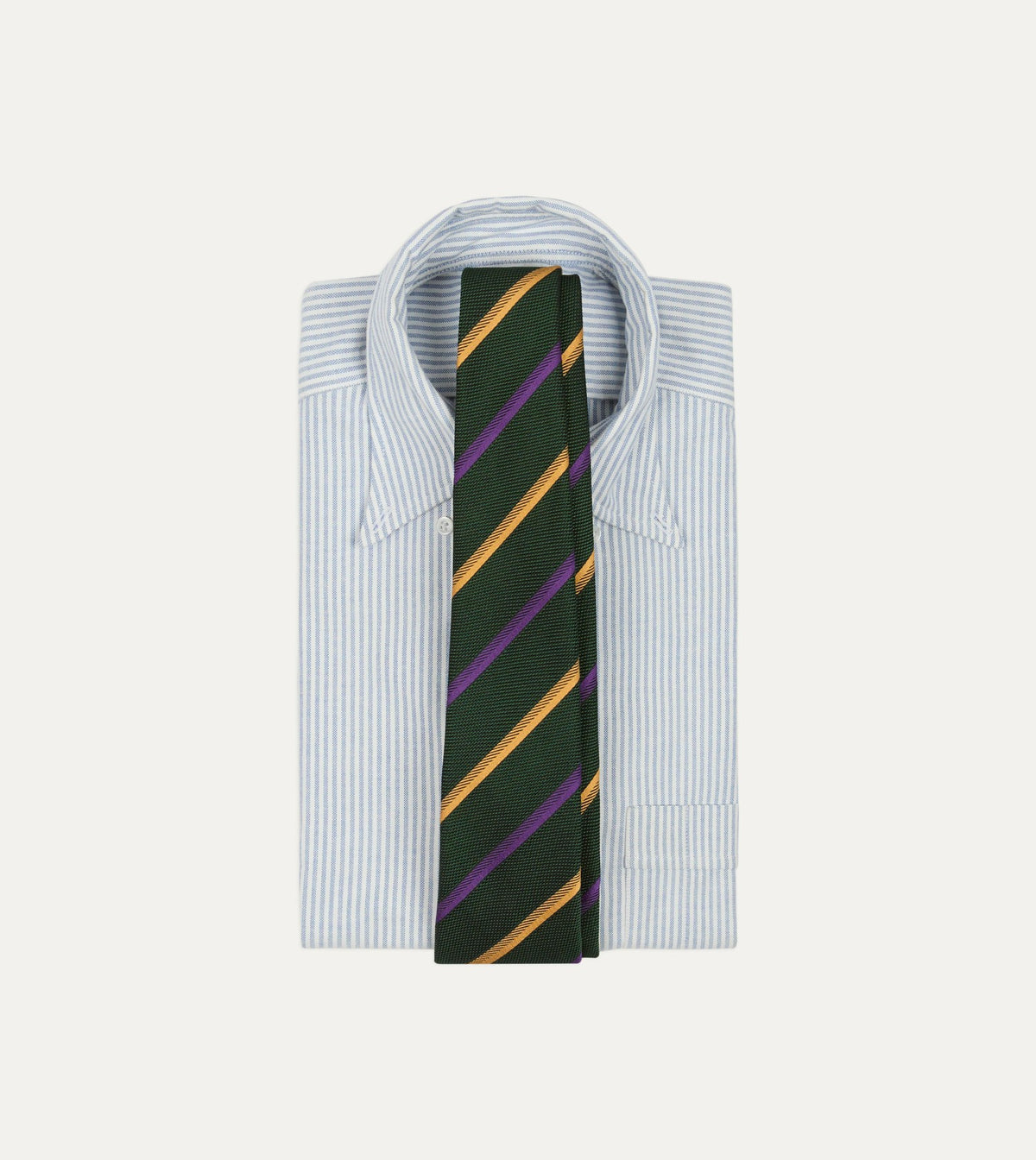 Drake's Green, Yellow and Purple Multi Stripe Hand Rolled Silk Grenadine Tie