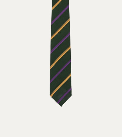 Drake's Green, Yellow and Purple Multi Stripe Hand Rolled Silk Grenadine Tie