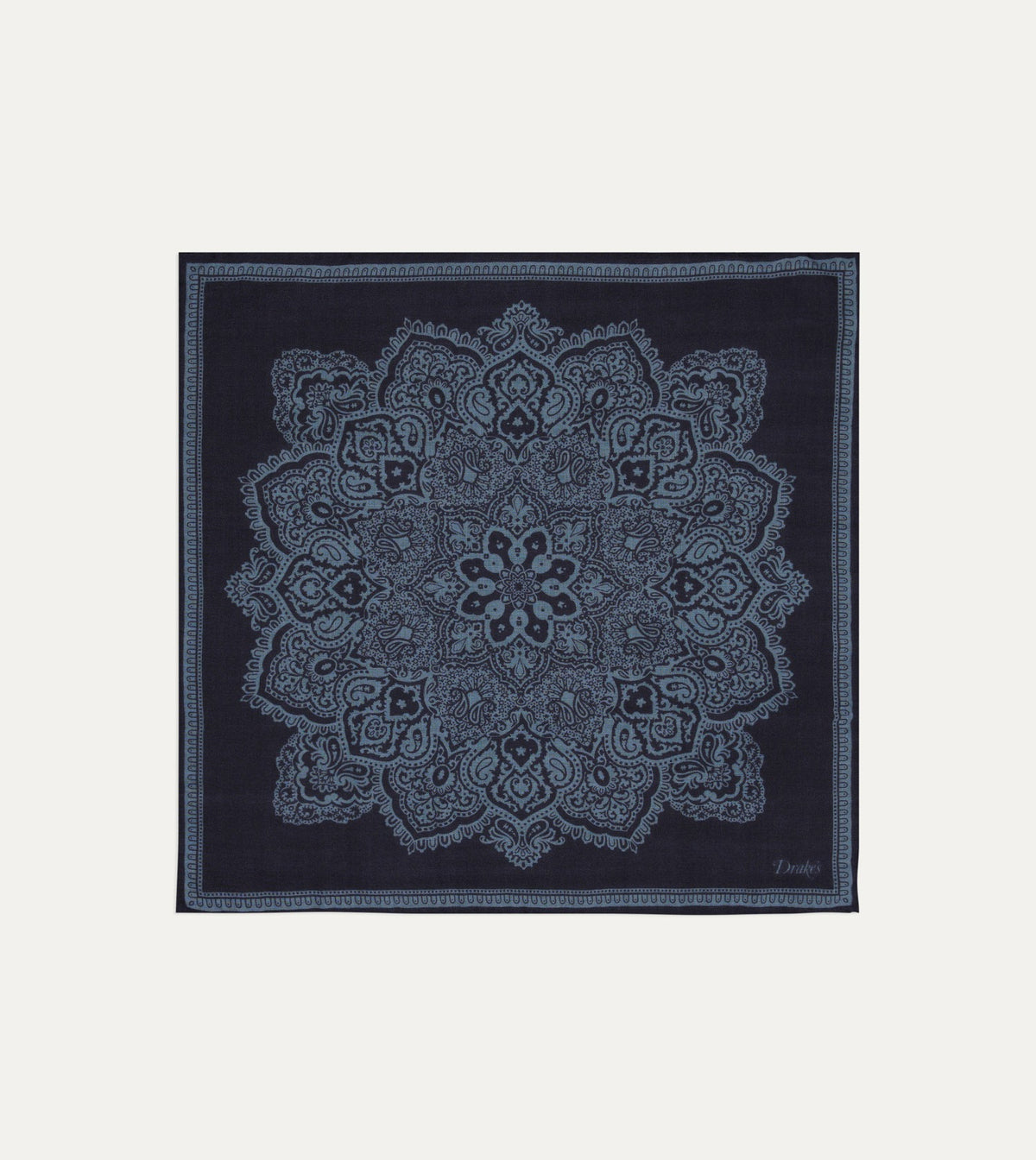 Drake's Navy Paisley Tile Print Wool-Silk Pocket Square