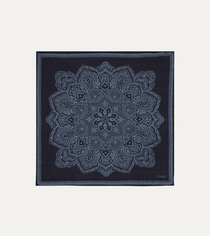 Drake's Navy Paisley Tile Print Wool-Silk Pocket Square