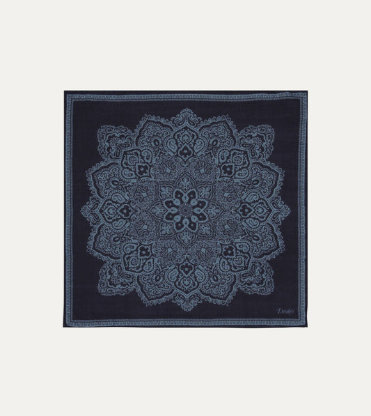 Drake's Navy Paisley Tile Print Wool-Silk Pocket Square