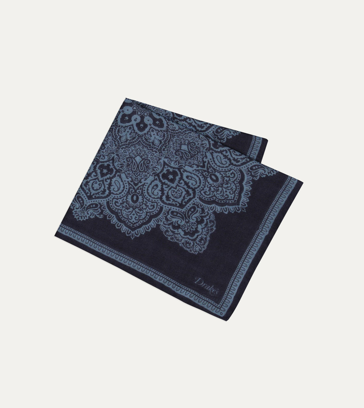 Drake's Navy Paisley Tile Print Wool-Silk Pocket Square