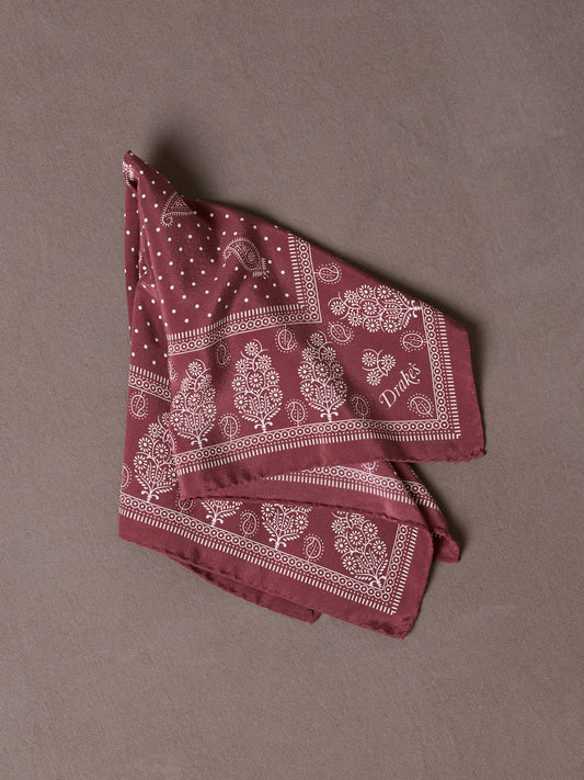 Drake's Red Paisley Spot Print Silk Pocket Square