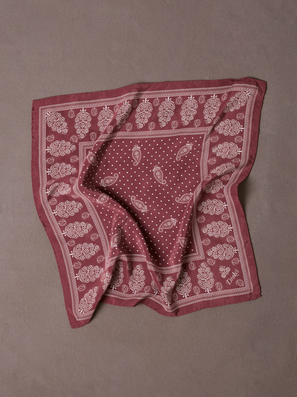 Drake's Red Paisley Spot Print Silk Pocket Square