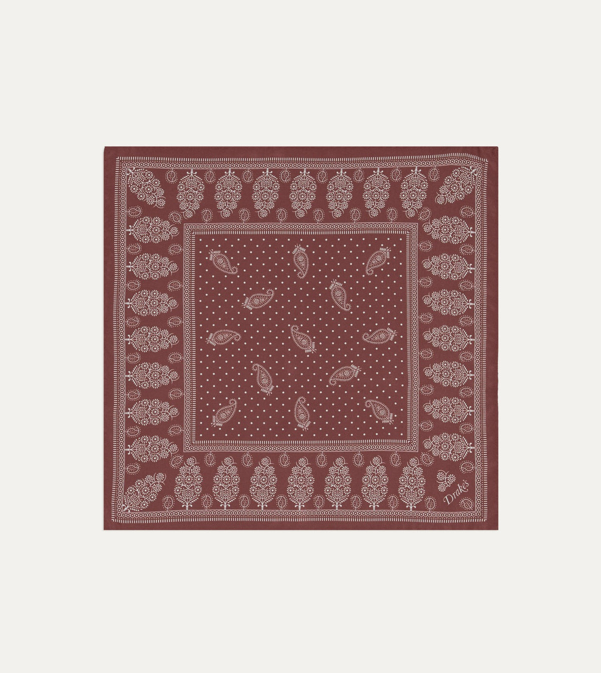 Drake's Red Paisley Spot Print Silk Pocket Square