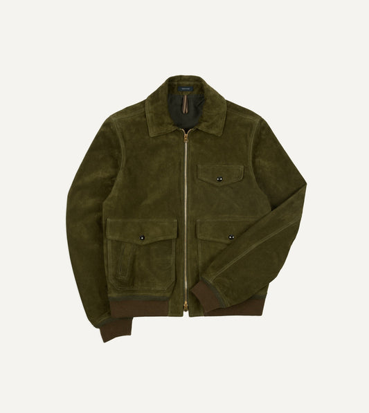 Drake's Green Heavyweight Suede A-2 Bomber Jacket