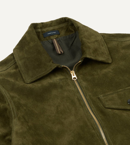 Drake's Green Heavyweight Suede A-2 Bomber Jacket