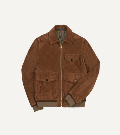 Drake's Tobacco Heavyweight Suede A-2 Bomber Jacket
