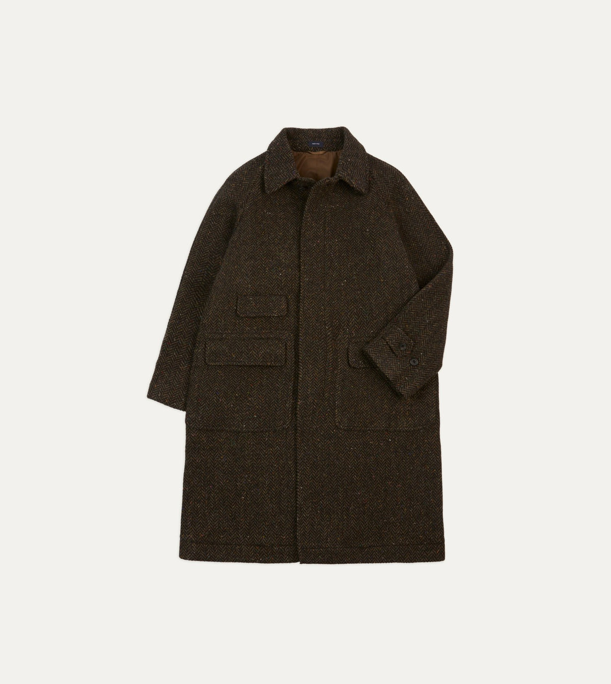 Drake's Brown Herringbone Wool Raglan Coat