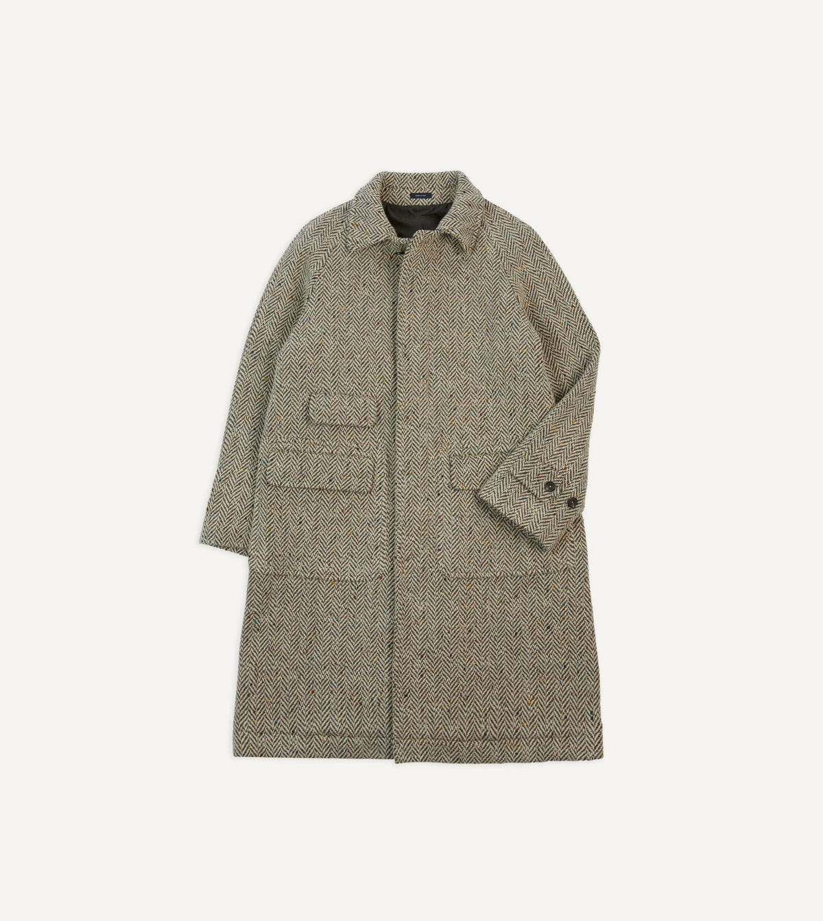 Drake's Taupe Herringbone Flecked Wool Raglan Coat