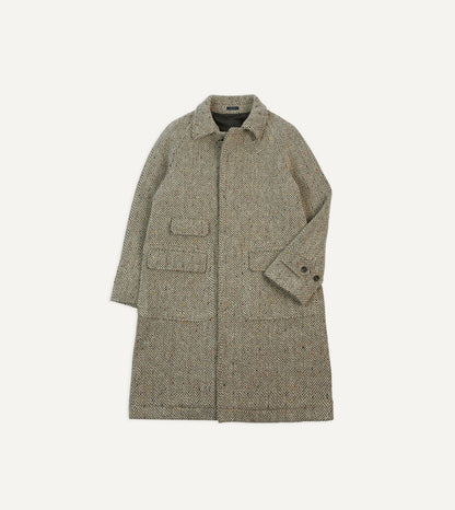 Drake's Taupe Herringbone Flecked Wool Raglan Coat