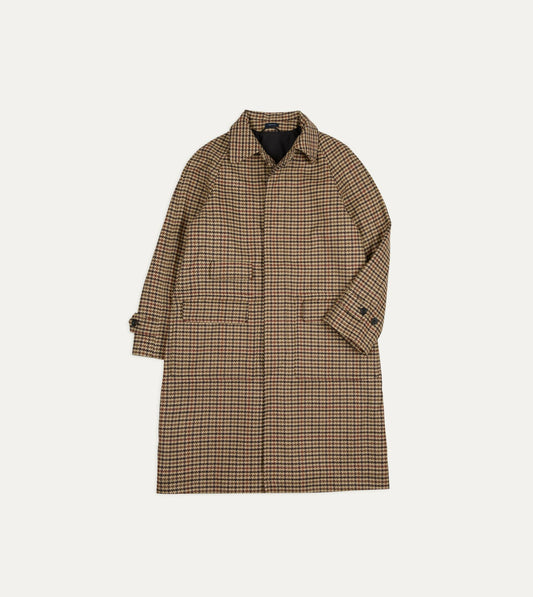 Drake's Brown Houndstooth Check Wool Raglan Coat