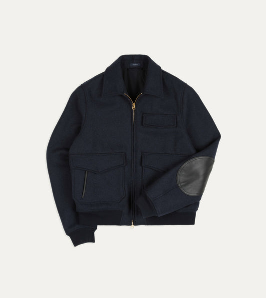 Drake's Navy Wool and Leather A-2 Bomber Jacket