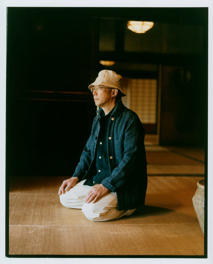 Drake's Indigo Stripe Linen Loop Button Chore Jacket