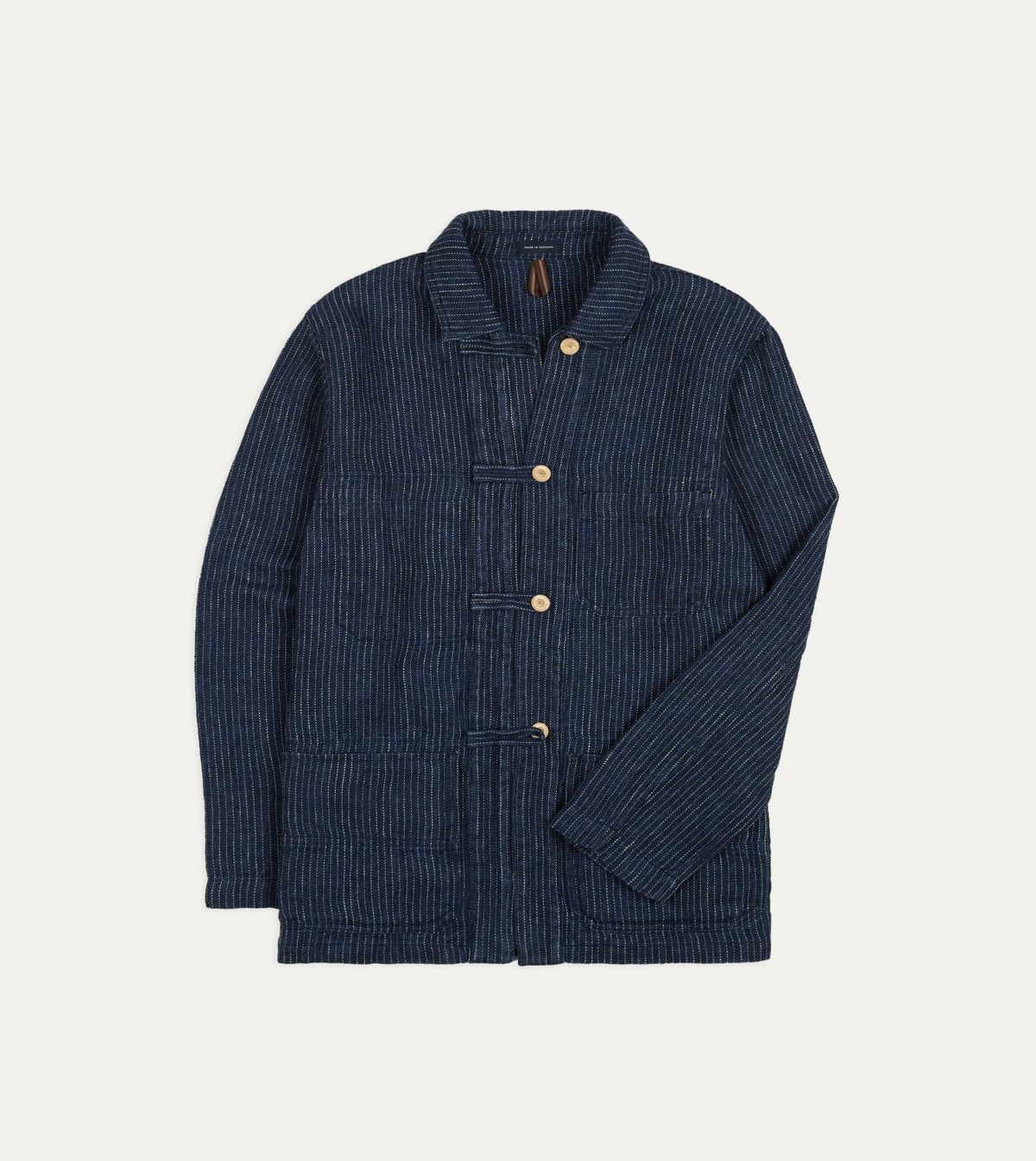 Drake's Indigo Stripe Linen Loop Button Chore Jacket