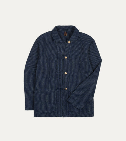 Drake's Indigo Stripe Linen Loop Button Chore Jacket