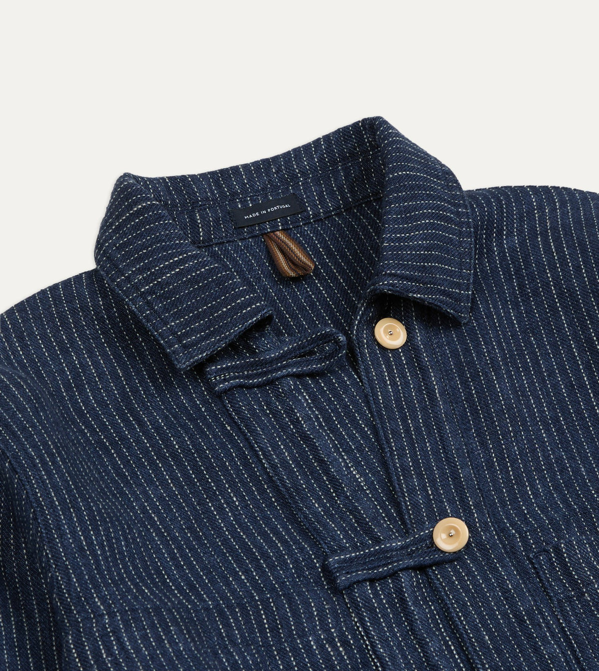 Drake's Indigo Stripe Linen Loop Button Chore Jacket