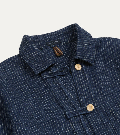 Drake's Indigo Stripe Linen Loop Button Chore Jacket