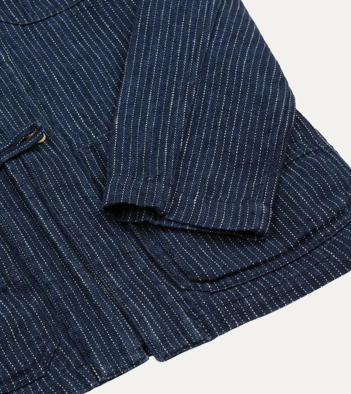Drake's Indigo Stripe Linen Loop Button Chore Jacket
