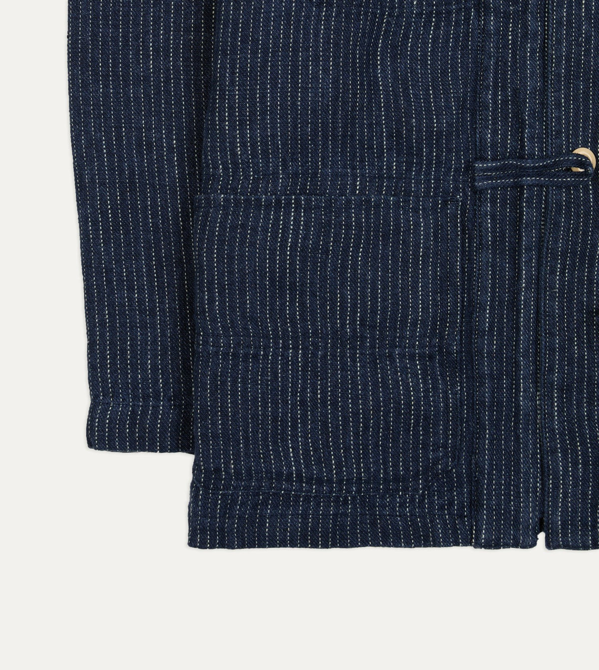 Drake's Indigo Stripe Linen Loop Button Chore Jacket