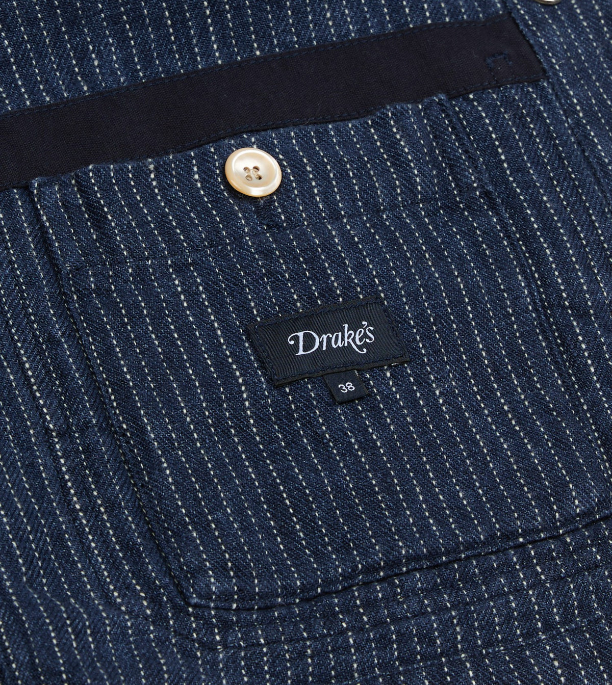 Drake's Indigo Stripe Linen Loop Button Chore Jacket