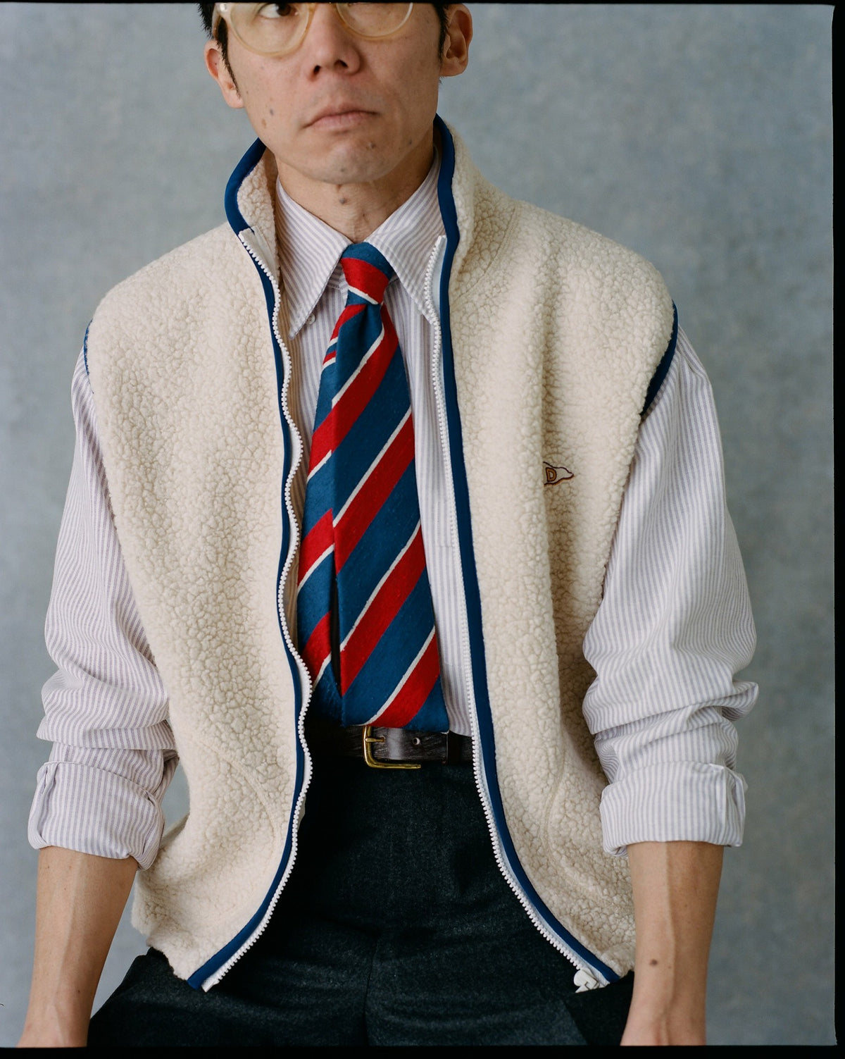 Drake's Ecru Boucle Wool Zip Fleece Vest