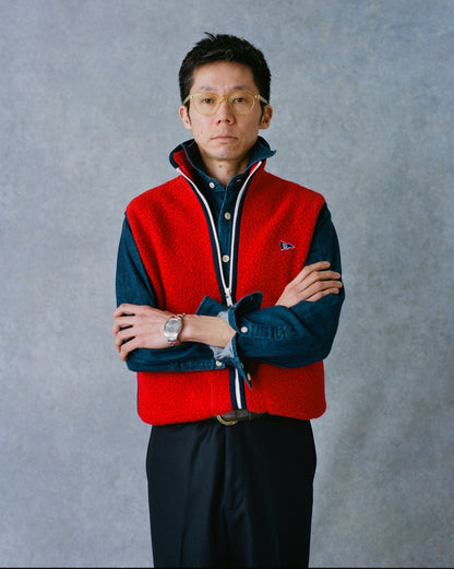 Drake's Red Boucle Wool Zip Fleece Vest