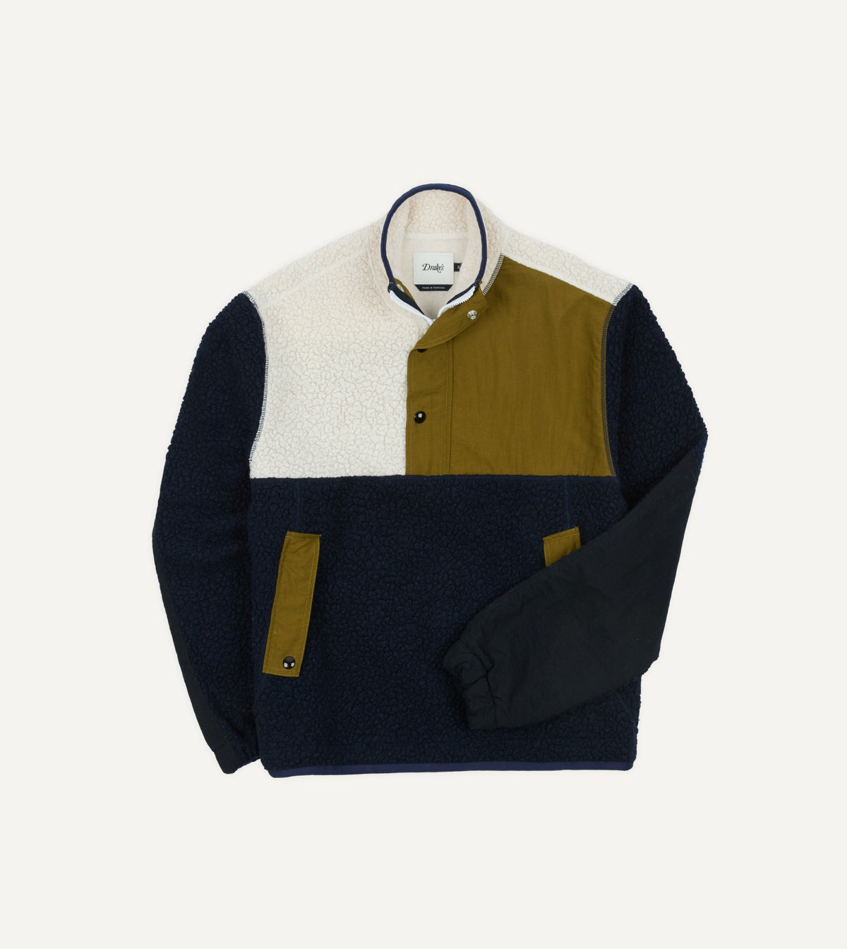 Drake's Navy, Ecru and Khaki Boucle Wool Half-Zip Fleece Jacket
