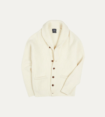 Drake's Ecru Lambswool Shawl Collar Cardigan