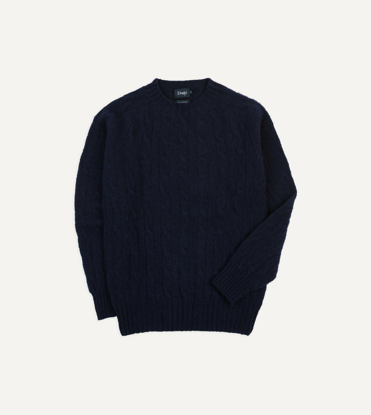 Drake's Navy Brushed Cable Knit Shetland Crew Neck Jumper