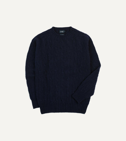Drake's Navy Brushed Cable Knit Shetland Crew Neck Jumper